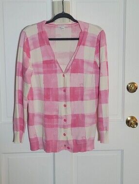 Isaac Mizahi Pink & White Check Cardigan Size M